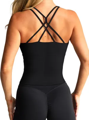 LASLULU Womens Sports Bra Strappy High Neck Longline Yoga Running Gym Tops Clothes Padded Workout Tank Tops with Built in Bra