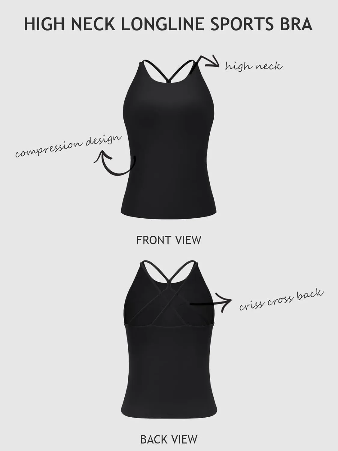 LASLULU Womens Sports Bra Strappy High Neck Longline Yoga Running Gym Tops Clothes Padded Workout Tank Tops with Built in Bra