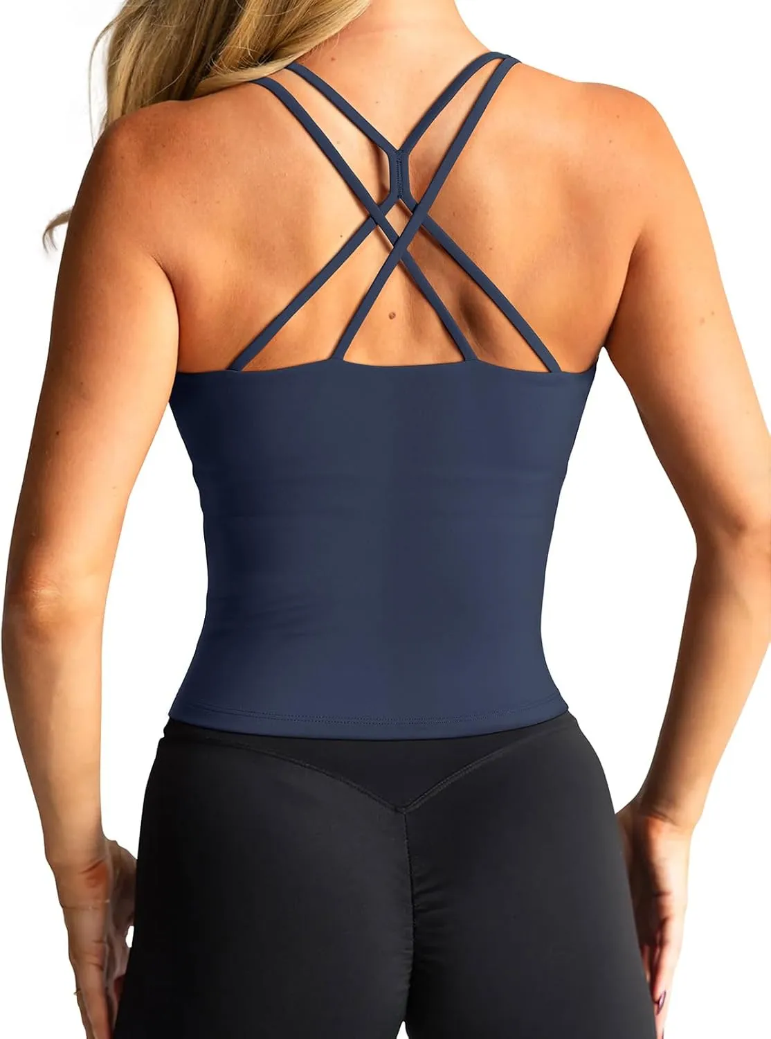 LASLULU Womens Sports Bra Strappy High Neck Longline Yoga Running Gym Tops Clothes Padded Workout Tank Tops with Built in Bra