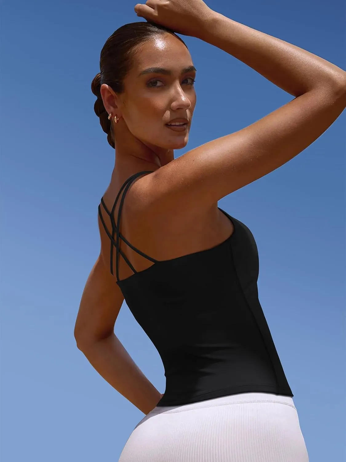 LASLULU Womens Sports Bra Strappy High Neck Longline Yoga Running Gym Tops Clothes Padded Workout Tank Tops with Built in Bra