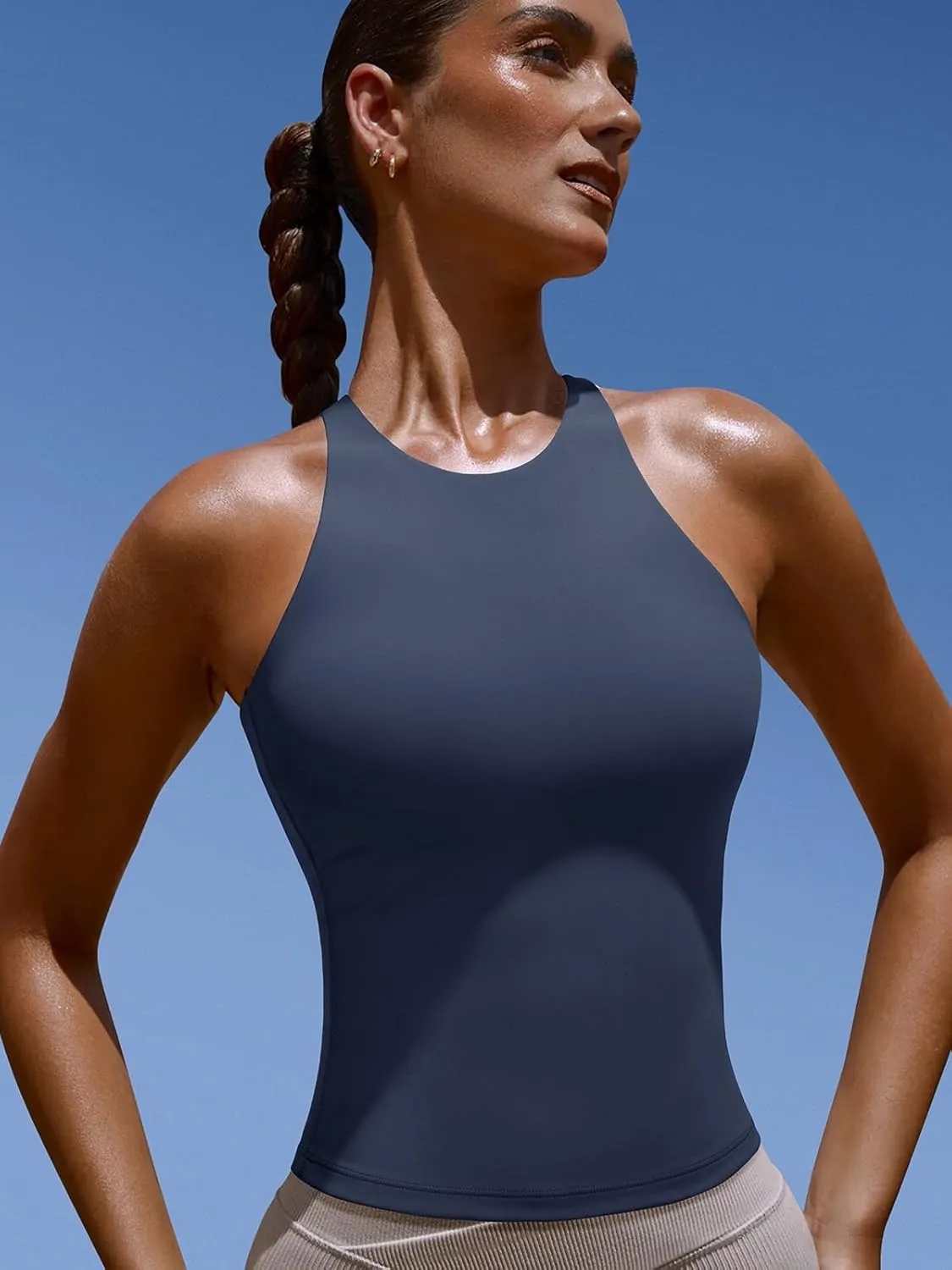LASLULU Womens Sports Bra Strappy High Neck Longline Yoga Running Gym Tops Clothes Padded Workout Tank Tops with Built in Bra