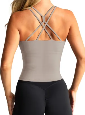 LASLULU Womens Sports Bra Strappy High Neck Longline Yoga Running Gym Tops Clothes Padded Workout Tank Tops with Built in Bra