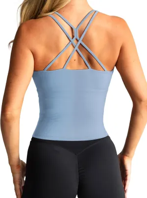 LASLULU Womens Sports Bra Strappy High Neck Longline Yoga Running Gym Tops Clothes Padded Workout Tank Tops with Built in Bra