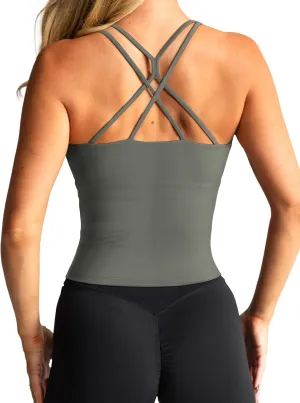 LASLULU Womens Sports Bra Strappy High Neck Longline Yoga Running Gym Tops Clothes Padded Workout Tank Tops with Built in Bra