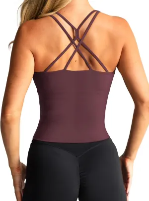LASLULU Womens Sports Bra Strappy High Neck Longline Yoga Running Gym Tops Clothes Padded Workout Tank Tops with Built in Bra