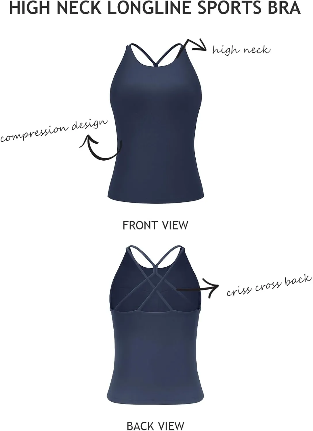 LASLULU Womens Sports Bra Strappy High Neck Longline Yoga Running Gym Tops Clothes Padded Workout Tank Tops with Built in Bra