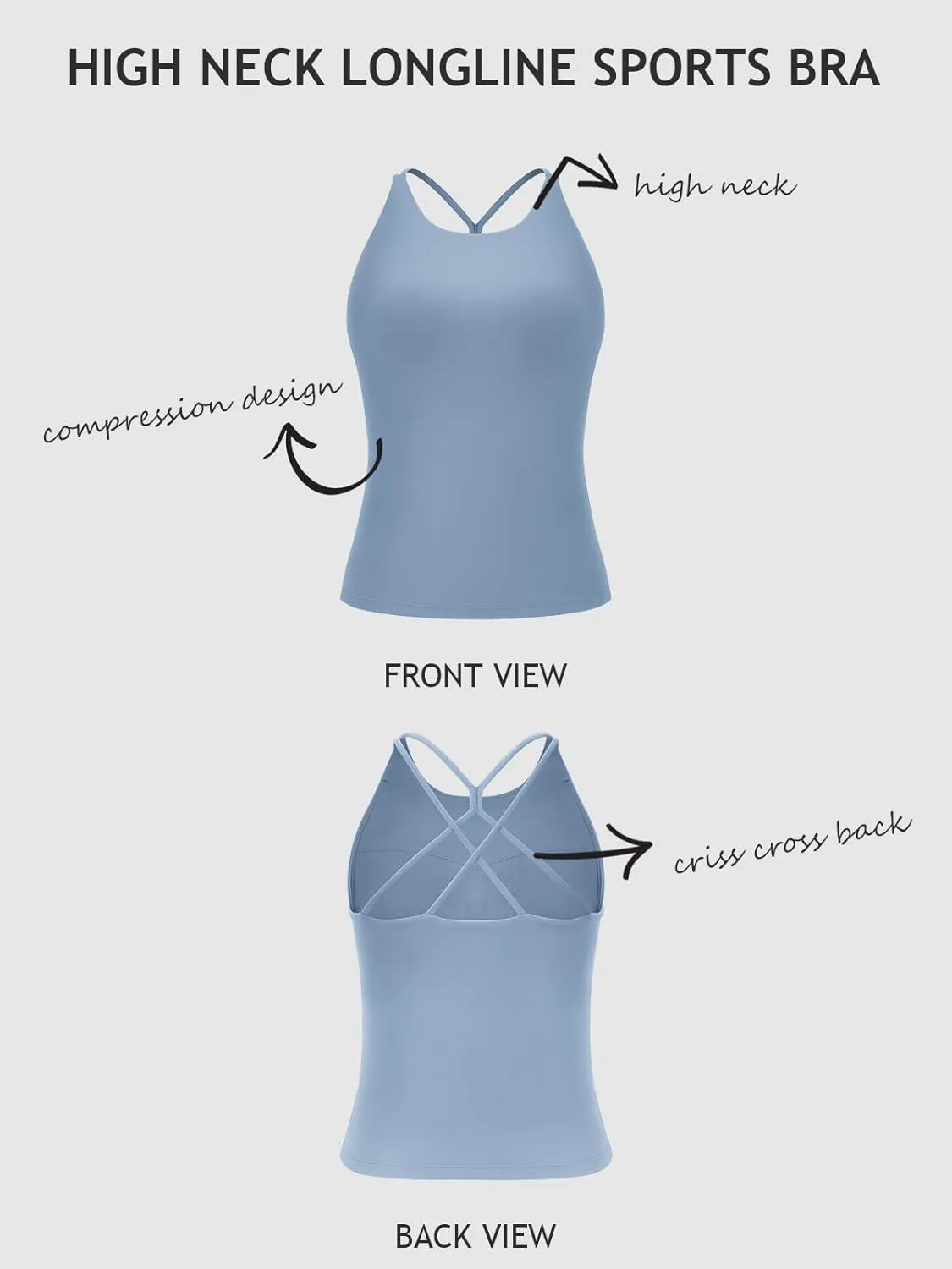 LASLULU Womens Sports Bra Strappy High Neck Longline Yoga Running Gym Tops Clothes Padded Workout Tank Tops with Built in Bra