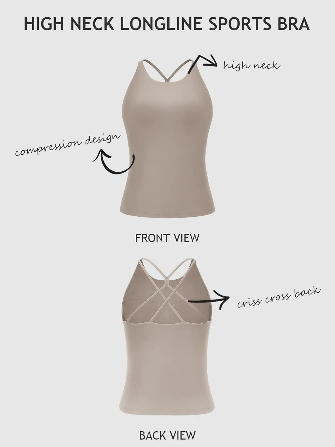 LASLULU Womens Sports Bra Strappy High Neck Longline Yoga Running Gym Tops Clothes Padded Workout Tank Tops with Built in Bra