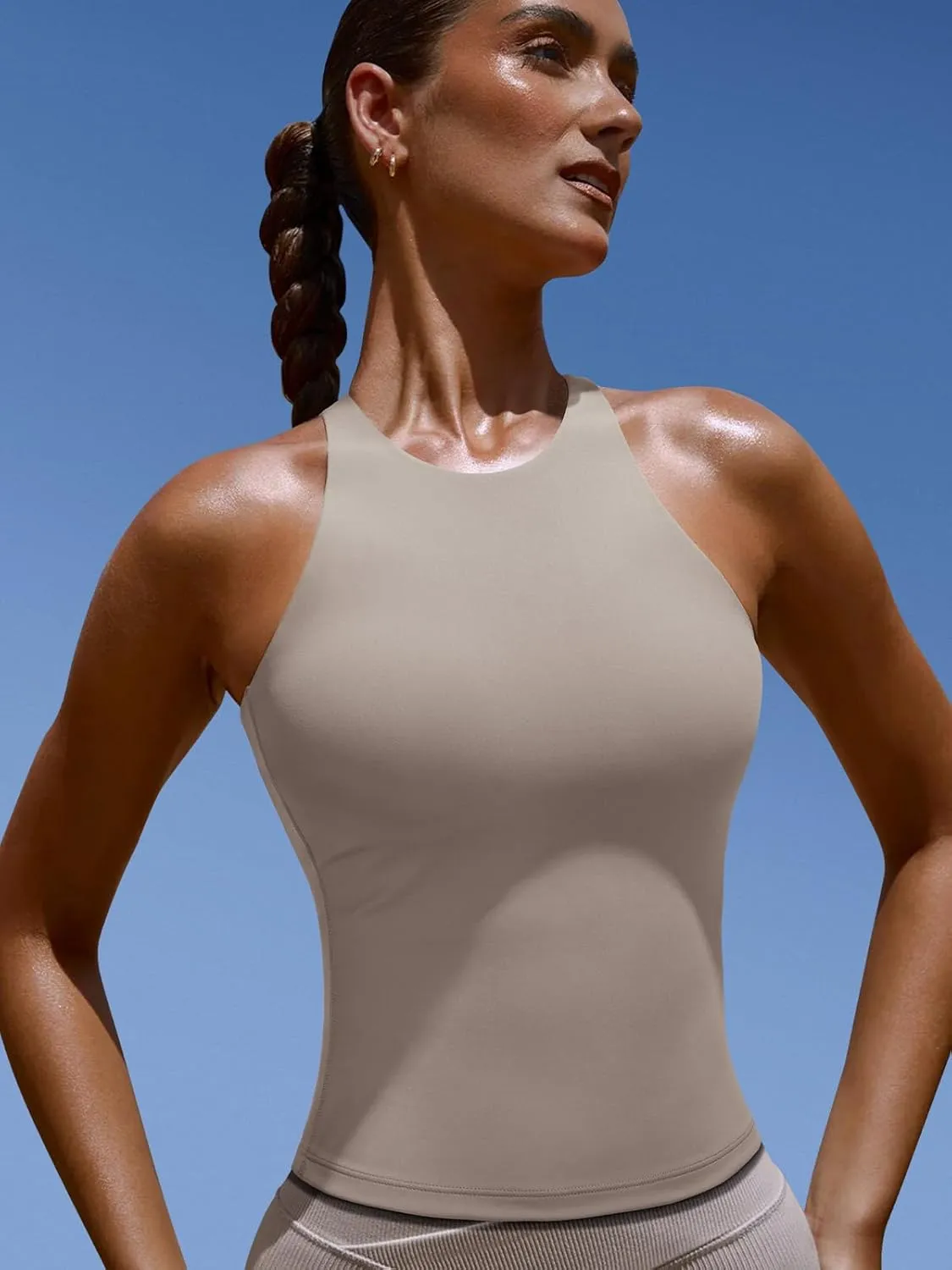 LASLULU Womens Sports Bra Strappy High Neck Longline Yoga Running Gym Tops Clothes Padded Workout Tank Tops with Built in Bra