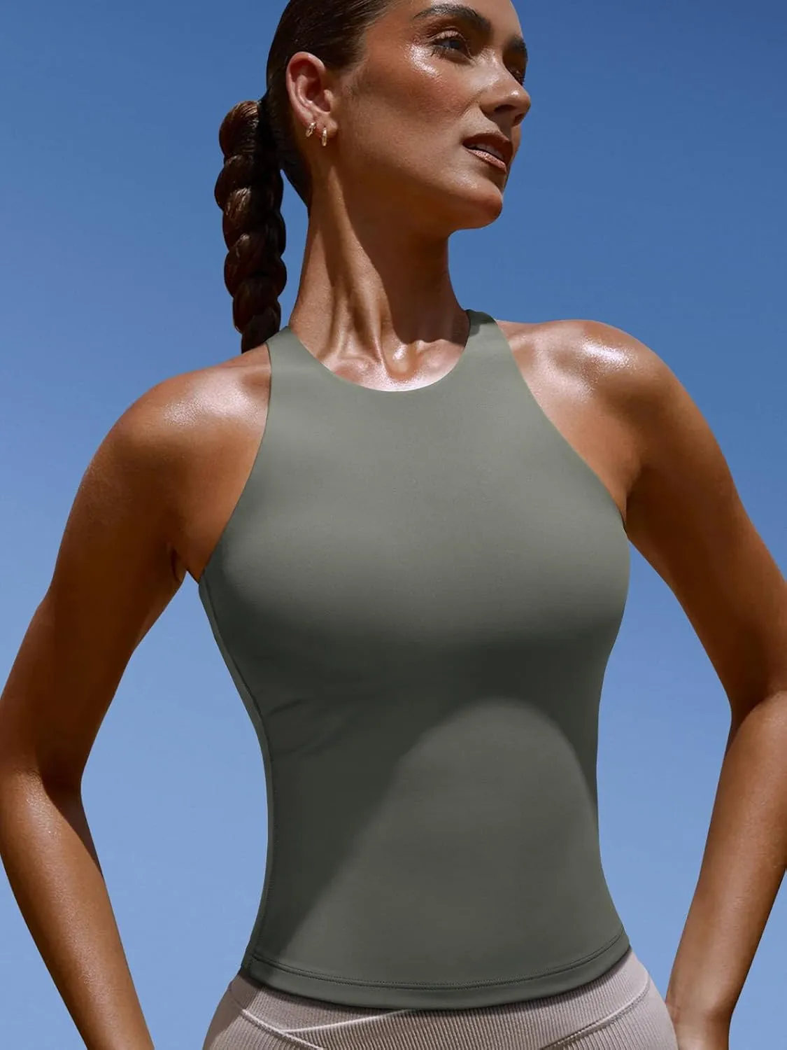 LASLULU Womens Sports Bra Strappy High Neck Longline Yoga Running Gym Tops Clothes Padded Workout Tank Tops with Built in Bra