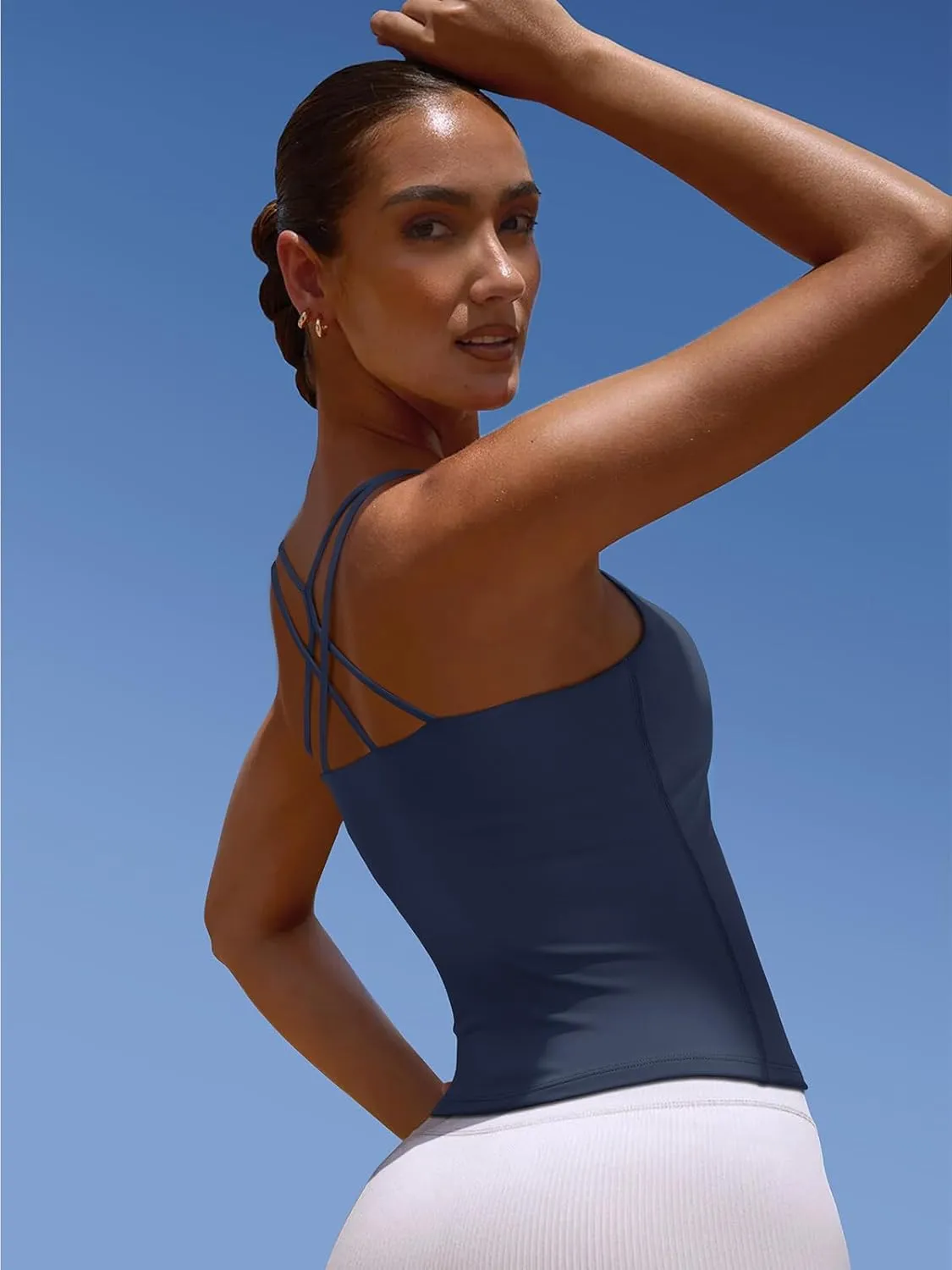 LASLULU Womens Sports Bra Strappy High Neck Longline Yoga Running Gym Tops Clothes Padded Workout Tank Tops with Built in Bra