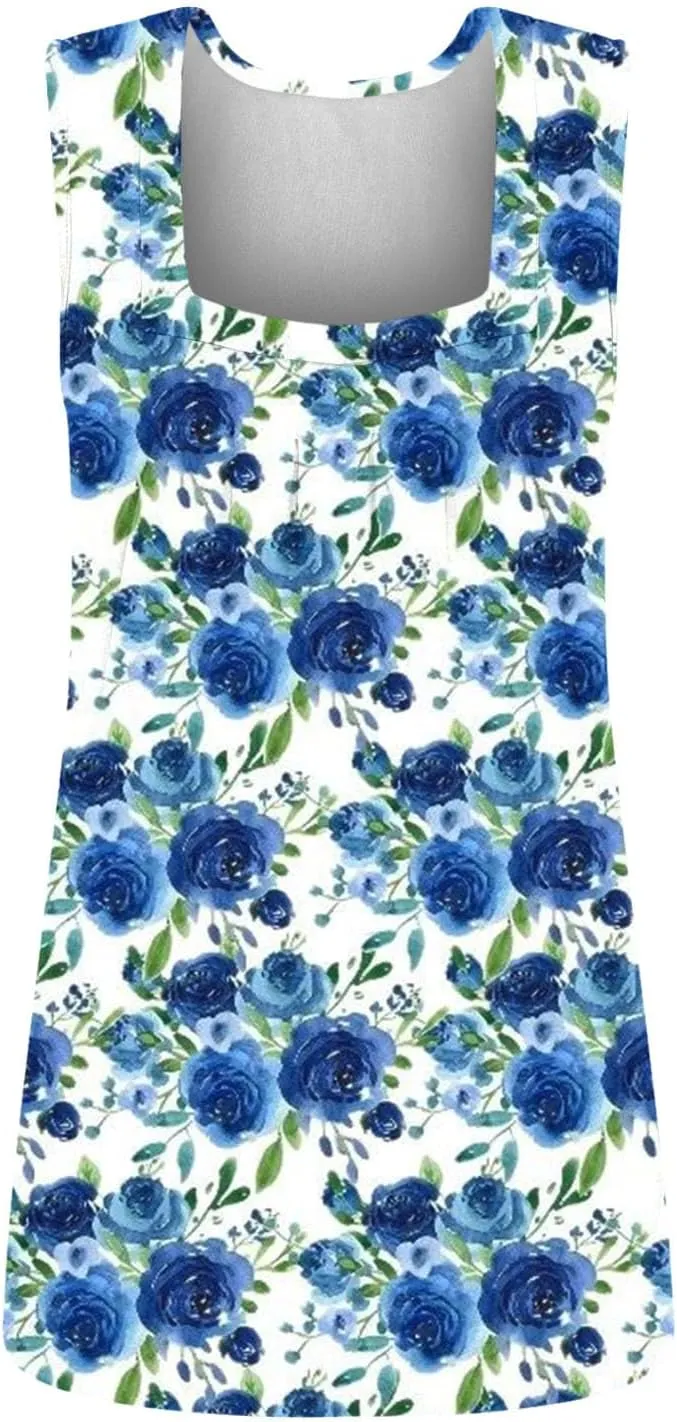 Lastesso Women's Tank Tops Fashion Retro Flower Print Smocked Front Shirts Casual Square Neck Sleeveless Tops Summer Tanks