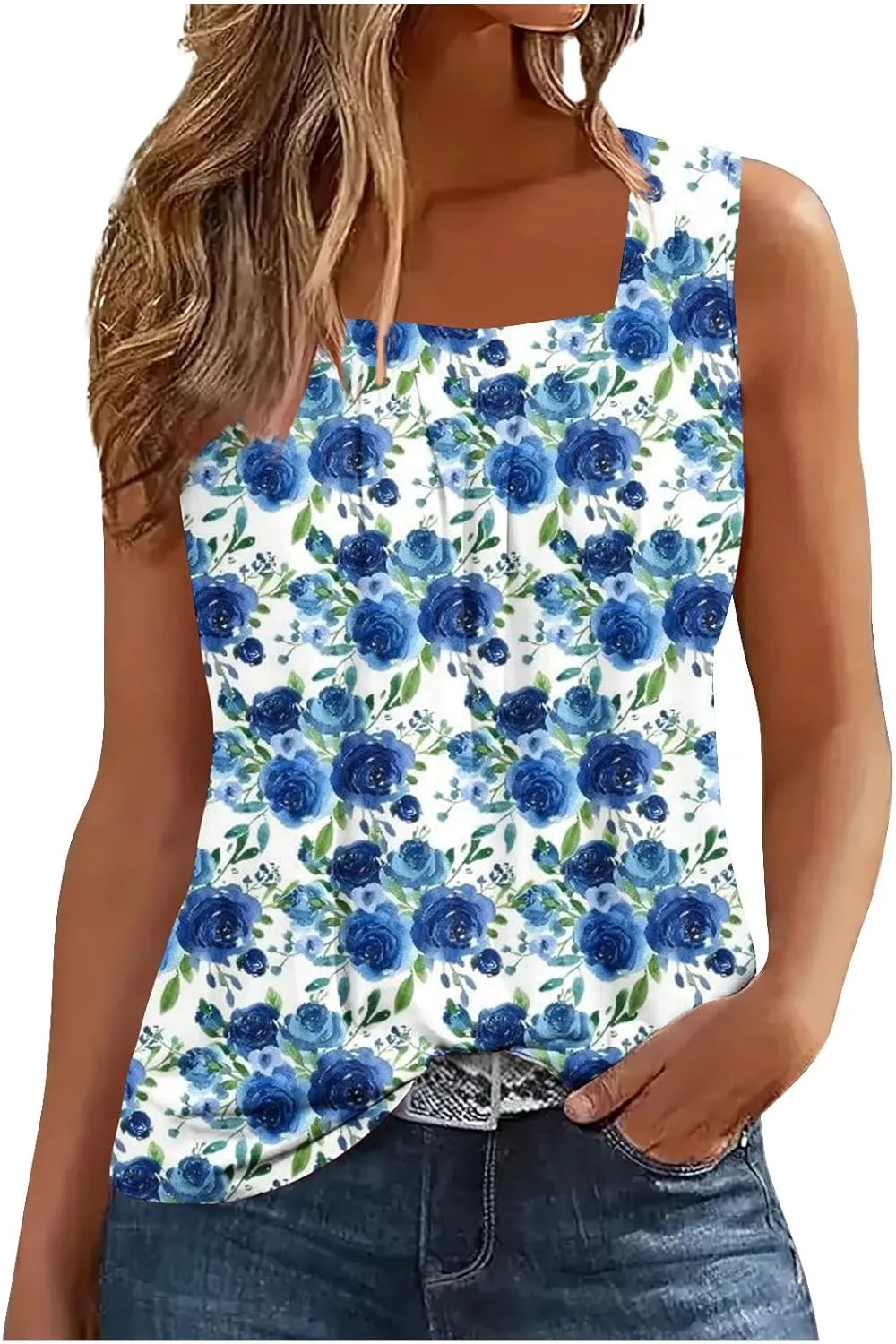 Lastesso Women's Tank Tops Fashion Retro Flower Print Smocked Front Shirts Casual Square Neck Sleeveless Tops Summer Tanks