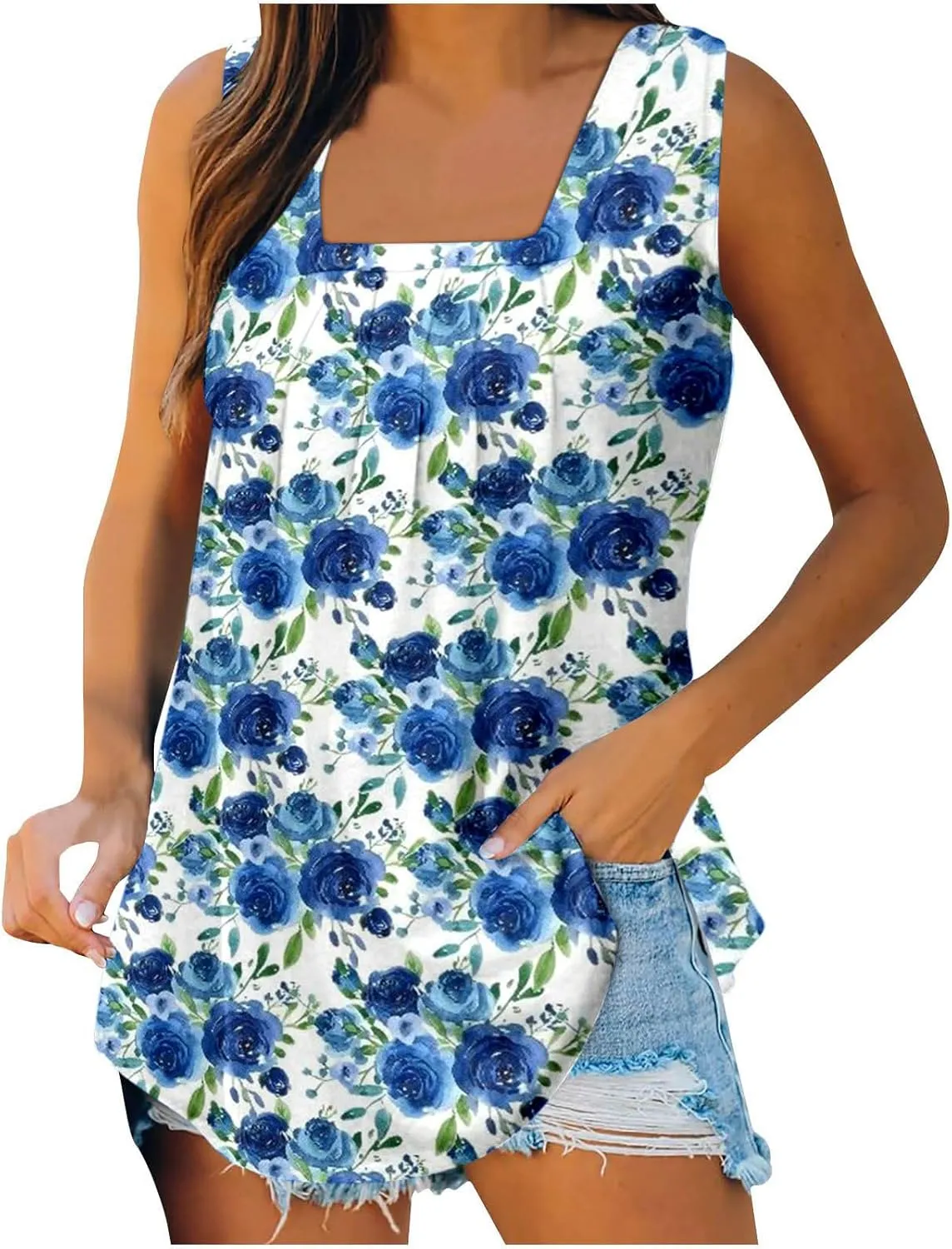 Lastesso Women's Tank Tops Fashion Retro Flower Print Smocked Front Shirts Casual Square Neck Sleeveless Tops Summer Tanks