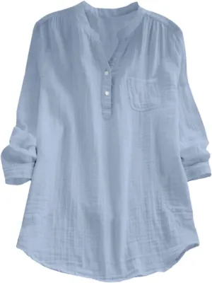 Linen Gauze Shirts Women 2025 Summer Long Sleeve Button Down Vneck Casual Tee Lightweight Vacation Going Out Blouses