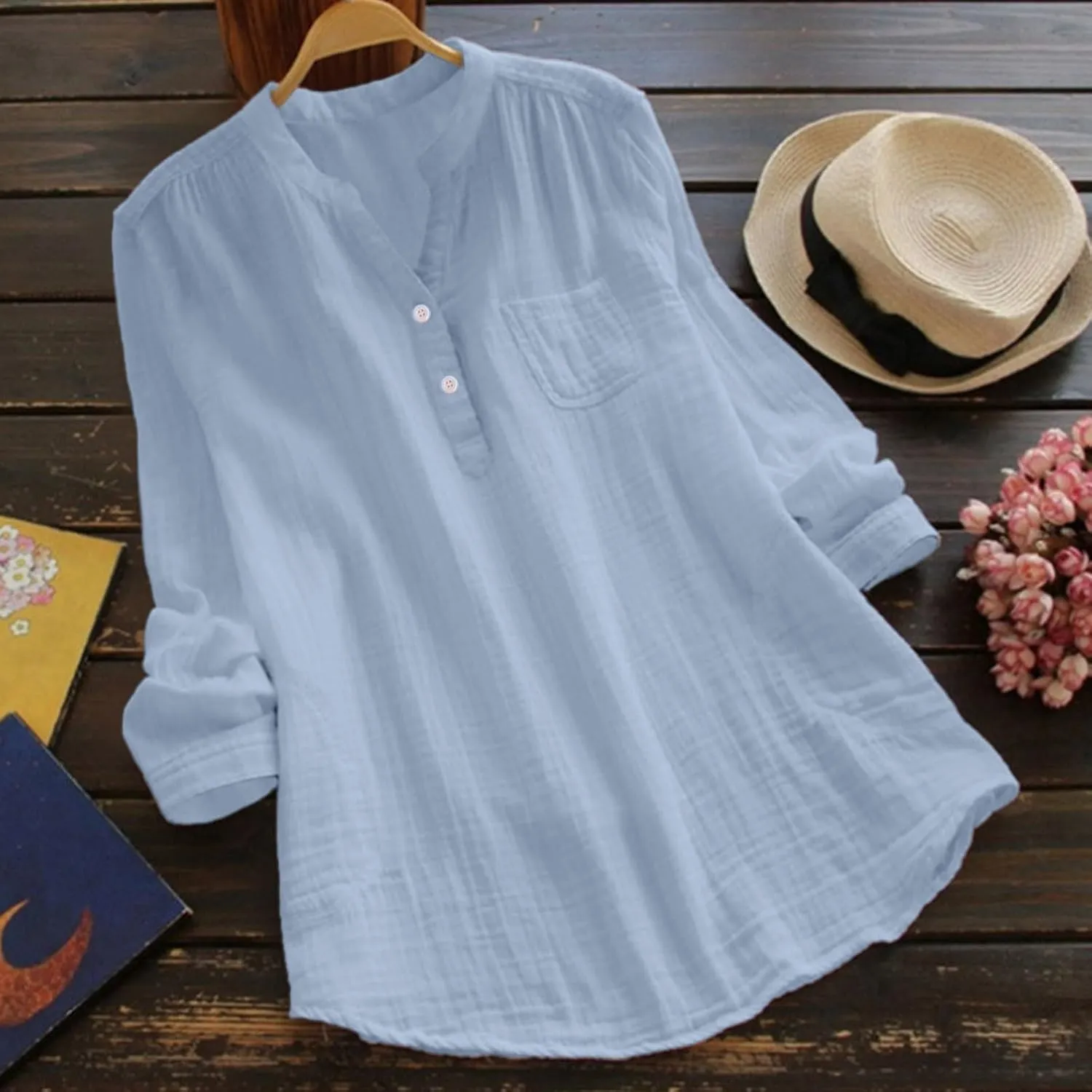 Linen Gauze Shirts Women 2025 Summer Long Sleeve Button Down Vneck Casual Tee Lightweight Vacation Going Out Blouses