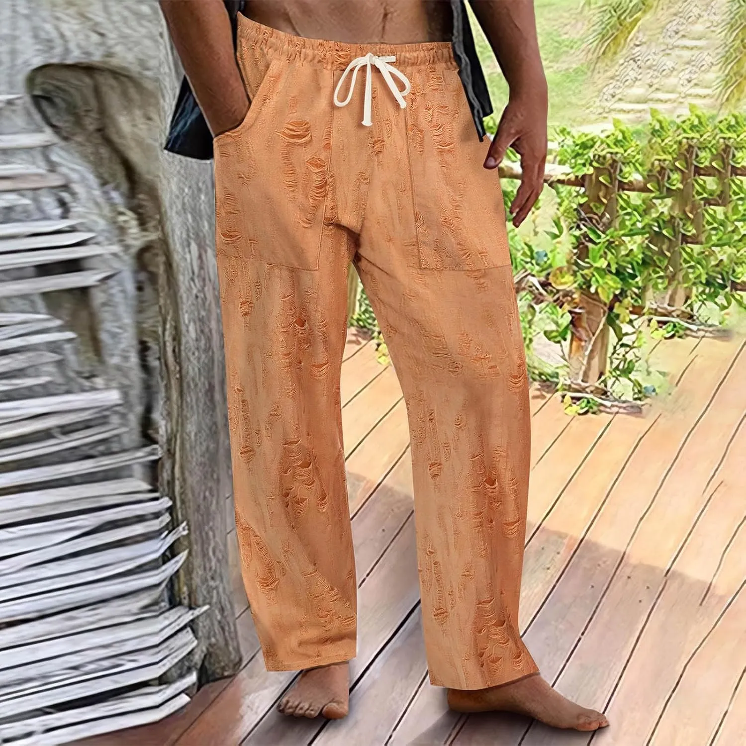 Linen Pants Men Casual Elastic Waist Drawstring Summer Trendy Jogger Pants Linen Yoga Beach Trousers with Pockets