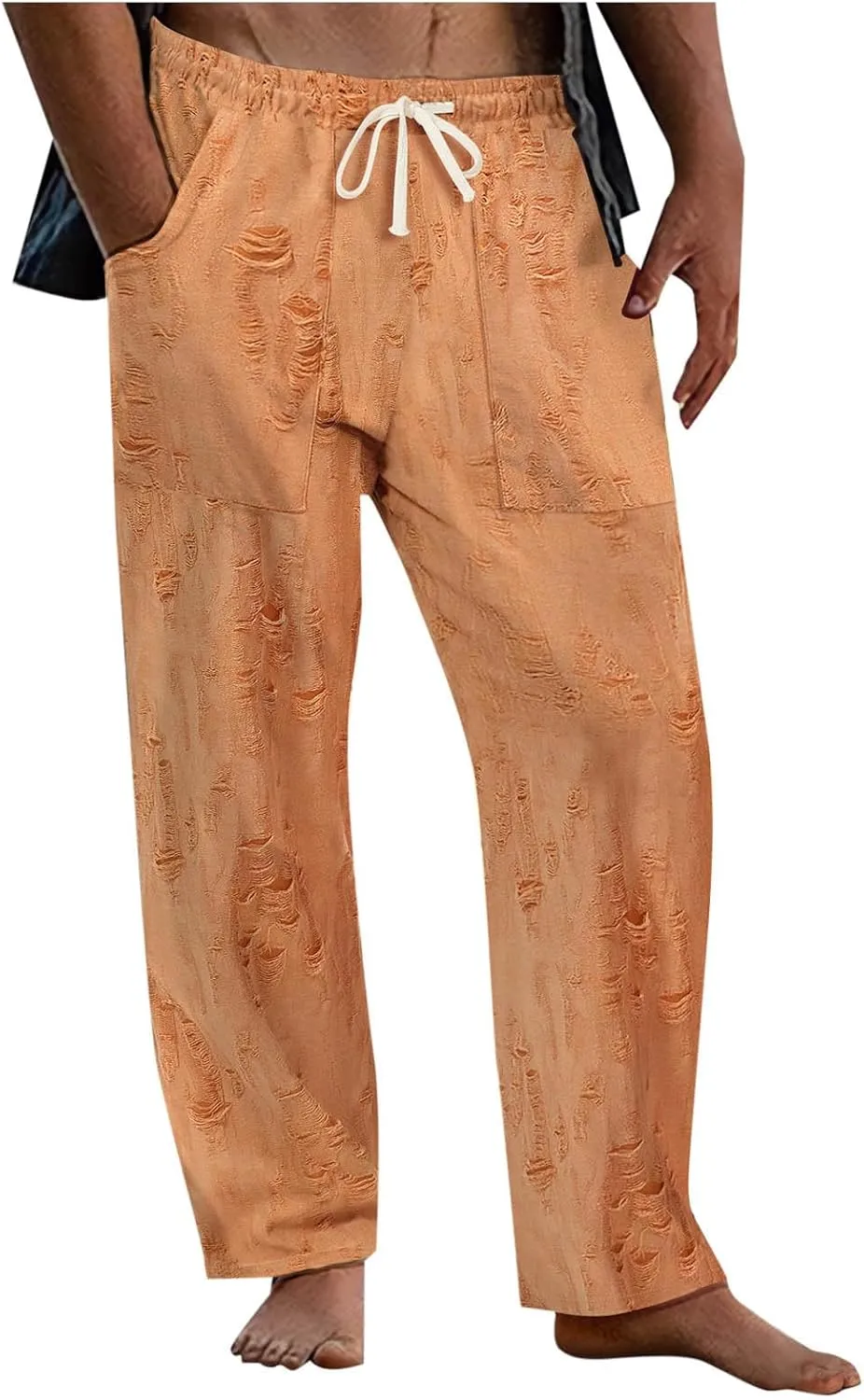 Linen Pants Men Casual Elastic Waist Drawstring Summer Trendy Jogger Pants Linen Yoga Beach Trousers with Pockets