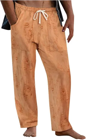 Linen Pants Men Casual Elastic Waist Drawstring Summer Trendy Jogger Pants Linen Yoga Beach Trousers with Pockets