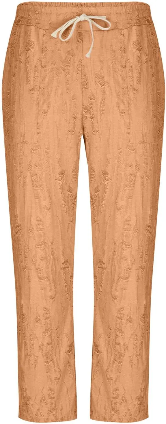 Linen Pants Men Casual Elastic Waist Drawstring Summer Trendy Jogger Pants Linen Yoga Beach Trousers with Pockets