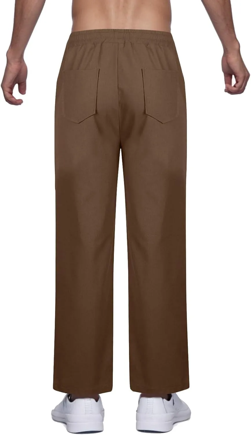 Linen Pants Men Drawstring Elastic Waist Beach Pants Baggy Summer Pants Lightweight Linen Trousers with Pockets