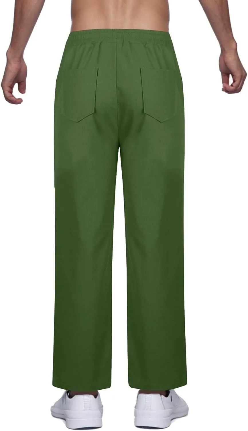 Linen Pants Men Drawstring Elastic Waist Beach Pants Baggy Summer Pants Lightweight Linen Trousers with Pockets