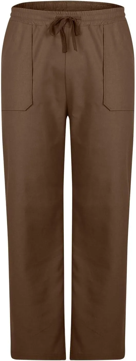 Linen Pants Men Drawstring Elastic Waist Beach Pants Baggy Summer Pants Lightweight Linen Trousers with Pockets
