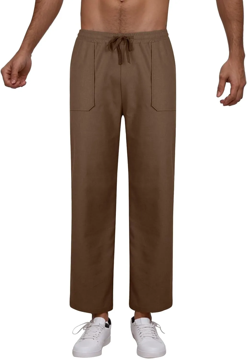Linen Pants Men Drawstring Elastic Waist Beach Pants Baggy Summer Pants Lightweight Linen Trousers with Pockets