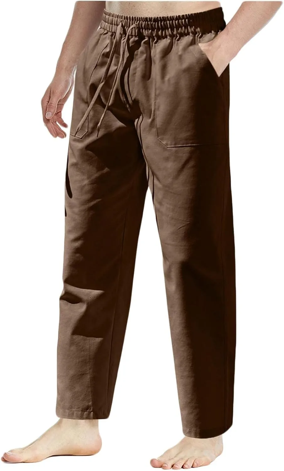 Linen Pants Men Drawstring Elastic Waist Beach Pants Baggy Summer Pants Lightweight Linen Trousers with Pockets
