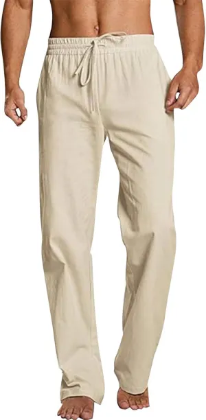 Linen Pants Men Drawstring Elastic Waist Pants Beach Summer Pants Lightweight Linen Trousers with Pockets
