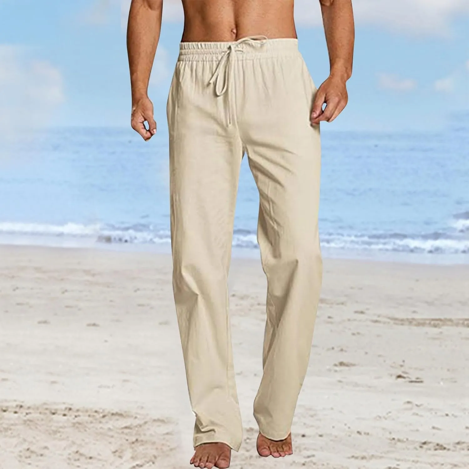 Linen Pants Men Drawstring Elastic Waist Pants Beach Summer Pants Lightweight Linen Trousers with Pockets