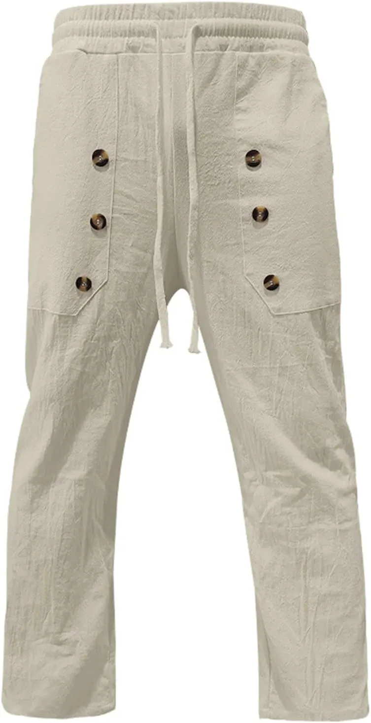 Linen Pants Men Elastic Waist Drawstring Pants Beach Harem Summer Pants Lightweight Linen Trousers with Pockets