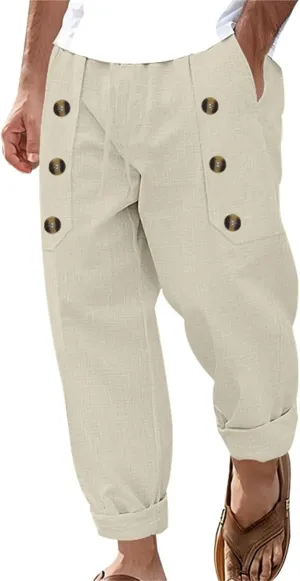 Linen Pants Men Elastic Waist Drawstring Pants Beach Harem Summer Pants Lightweight Linen Trousers with Pockets