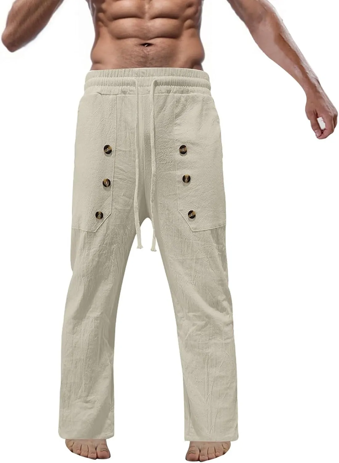 Linen Pants Men Elastic Waist Drawstring Pants Beach Harem Summer Pants Lightweight Linen Trousers with Pockets