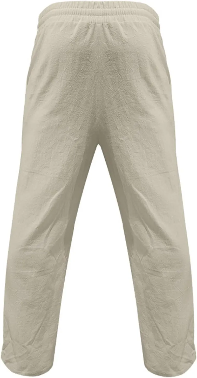 Linen Pants Men Elastic Waist Drawstring Pants Beach Harem Summer Pants Lightweight Linen Trousers with Pockets
