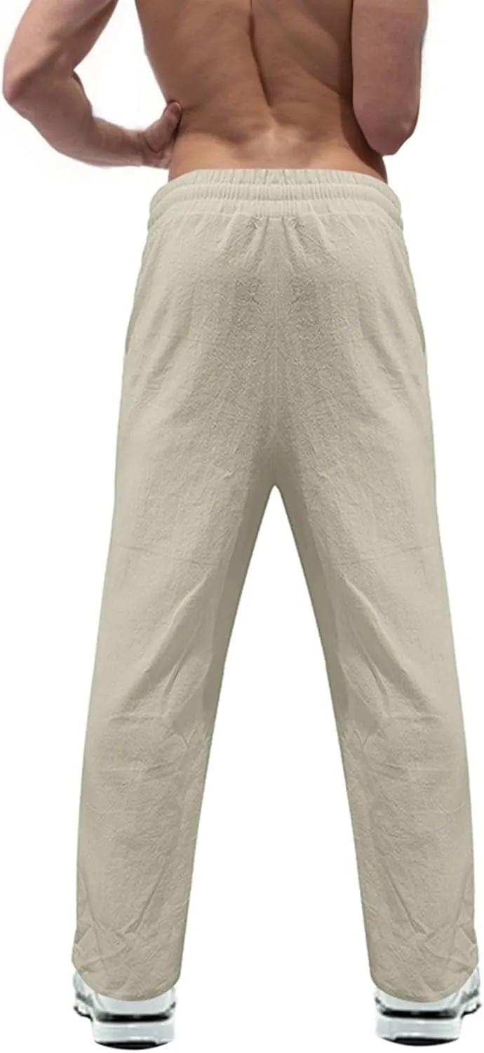 Linen Pants Men Elastic Waist Drawstring Pants Beach Harem Summer Pants Lightweight Linen Trousers with Pockets