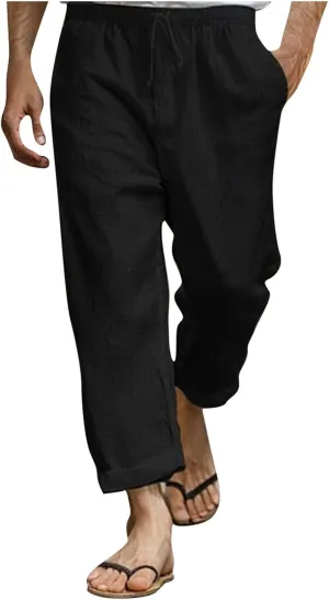 Linen Pants Men Long Relaxed Fit Elastic Waist Pants with Pockets Beach Yoga Travel Lounge Trousers for Summer