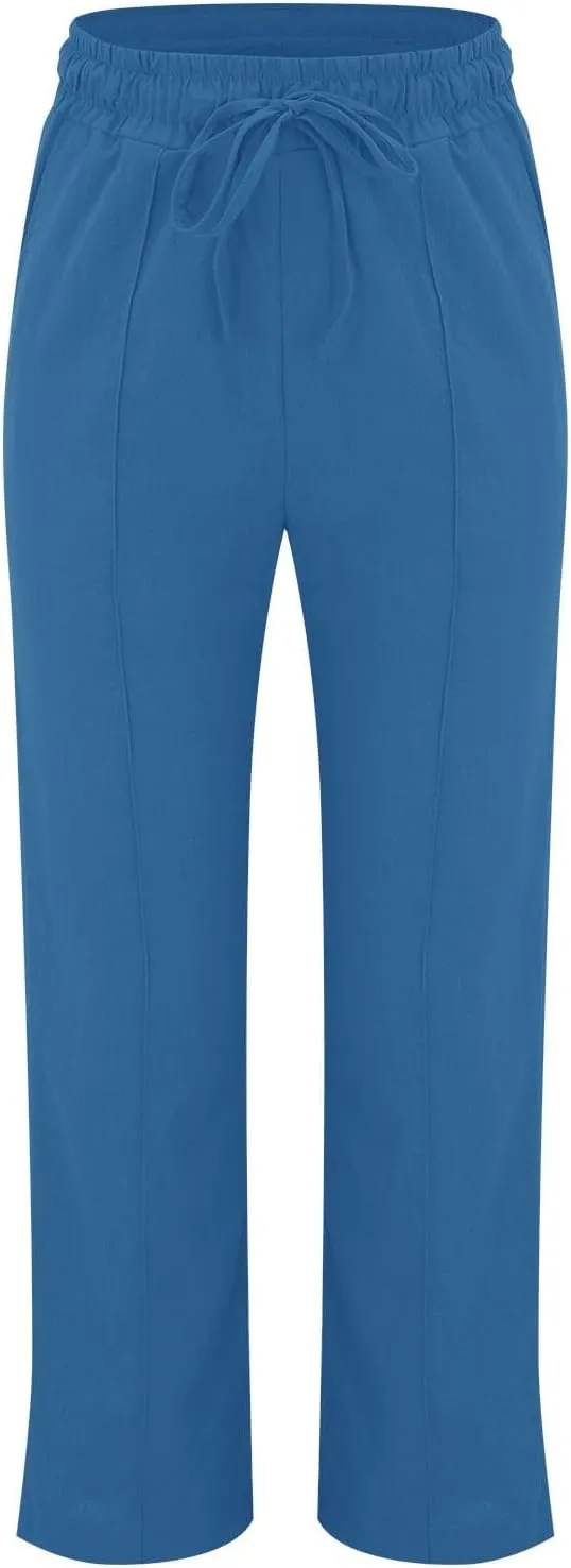 Linen Pants Women 2024 Casual Palazzo Drawstring Elastic Waist Straight Wide Leg Pant Solid Long Trousers with Pocket
