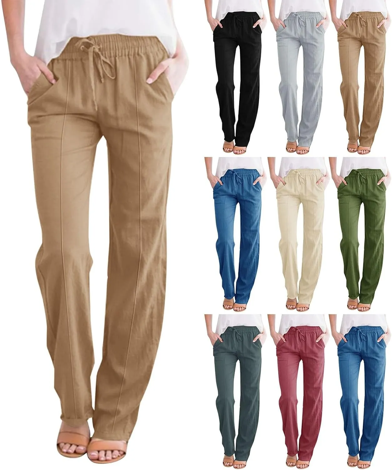 Linen Pants Women 2024 Casual Palazzo Drawstring Elastic Waist Straight Wide Leg Pant Solid Long Trousers with Pocket