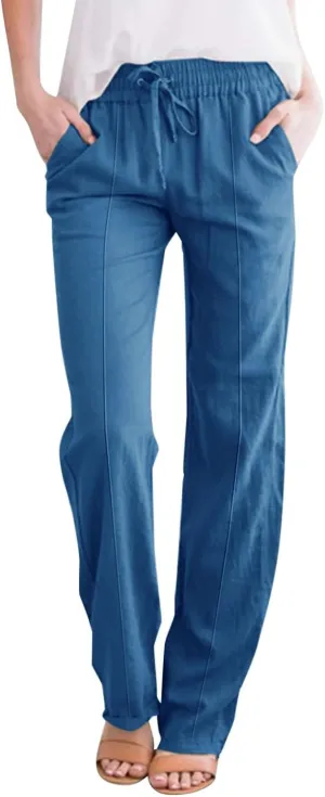 Linen Pants Women 2024 Casual Palazzo Drawstring Elastic Waist Straight Wide Leg Pant Solid Long Trousers with Pocket