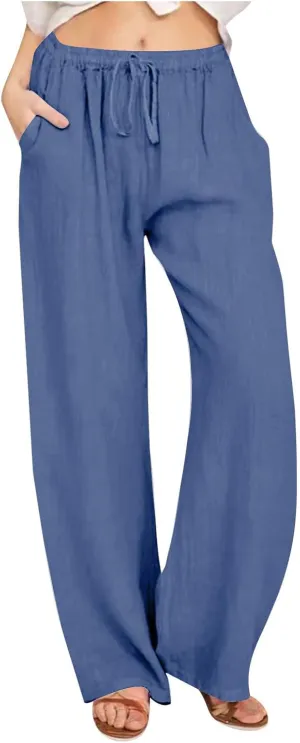 Linen Pants Women Casual High Waist Wide Leg Pants Lightweight Drawstring Palazzo Pants Lounge Pants with Pockets