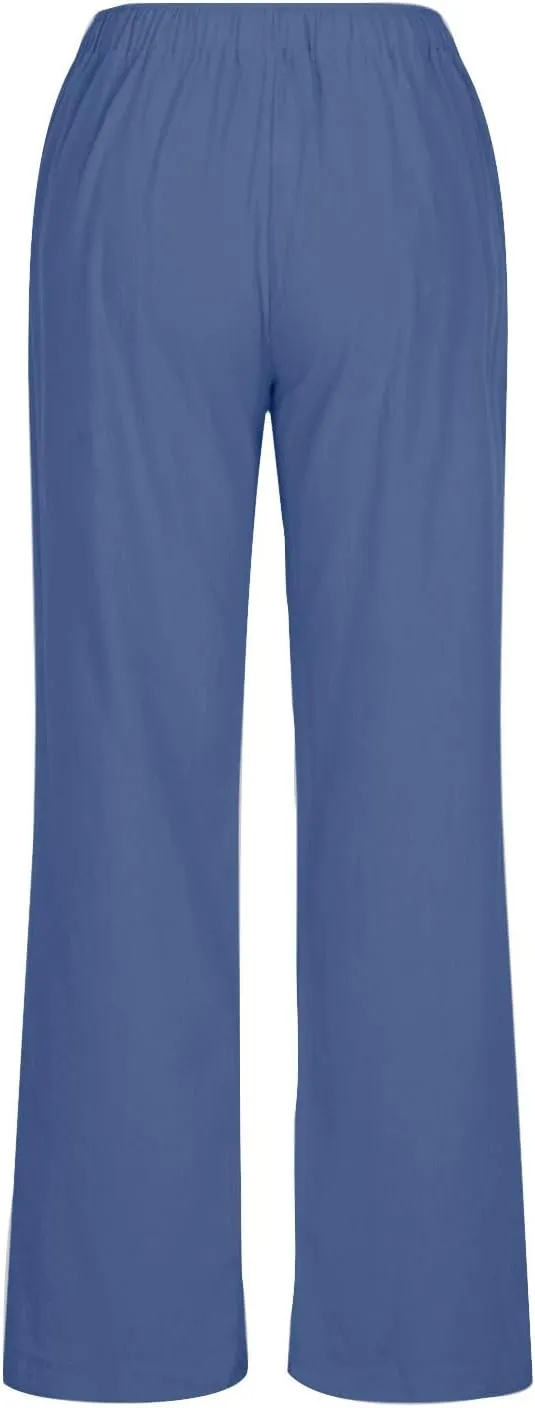 Linen Pants Women Casual High Waist Wide Leg Pants Lightweight Drawstring Palazzo Pants Lounge Pants with Pockets