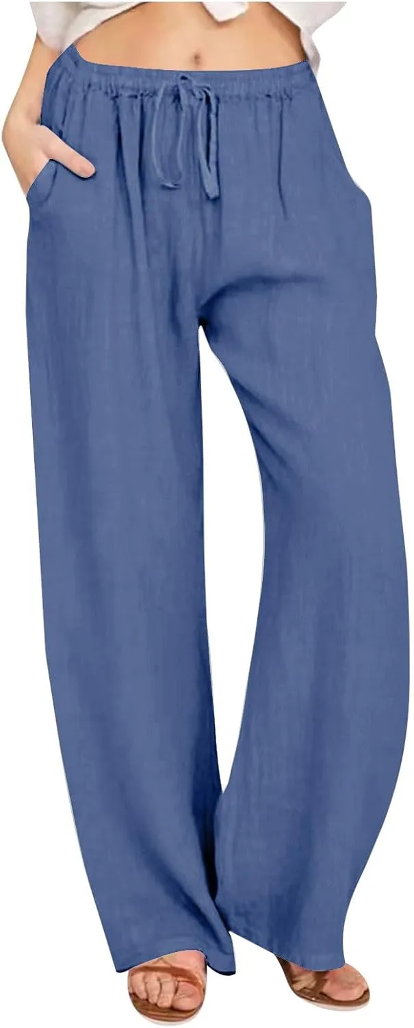 Linen Pants Women Casual High Waist Wide Leg Pants Lightweight Drawstring Palazzo Pants Lounge Pants with Pockets