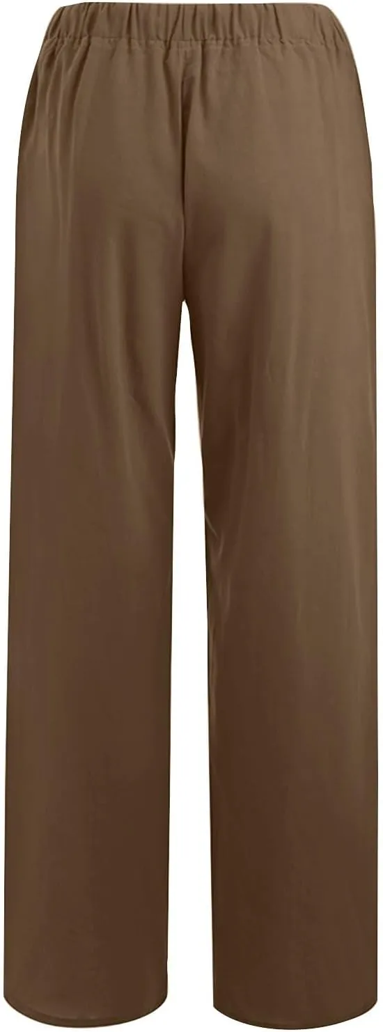 Linen Pants Women Casual High Waist Wide Leg Pants Lightweight Drawstring Palazzo Pants Lounge Pants with Pockets