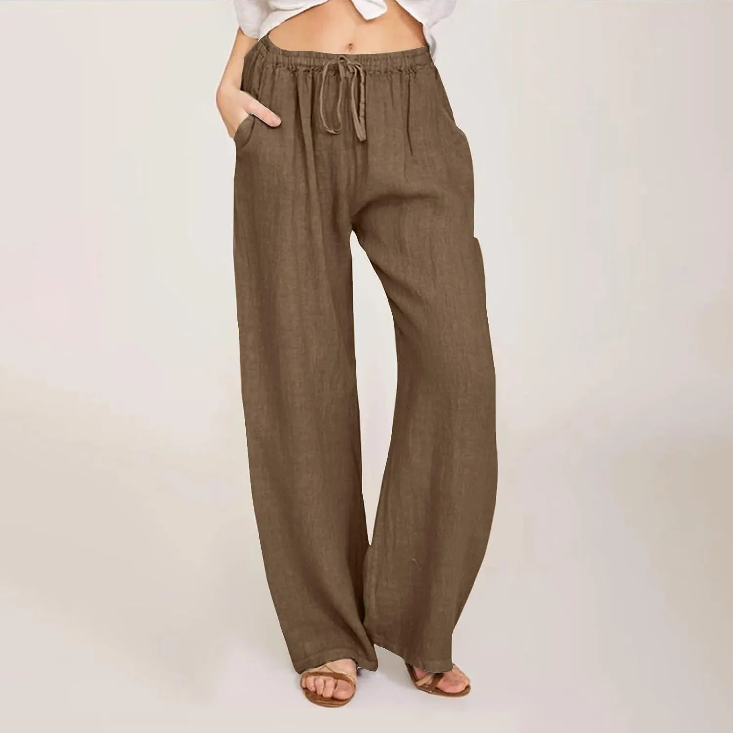 Linen Pants Women Casual High Waist Wide Leg Pants Lightweight Drawstring Palazzo Pants Lounge Pants with Pockets