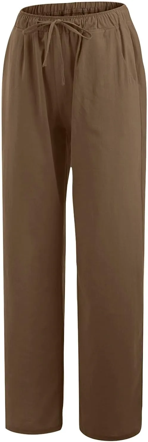 Linen Pants Women Casual High Waist Wide Leg Pants Lightweight Drawstring Palazzo Pants Lounge Pants with Pockets