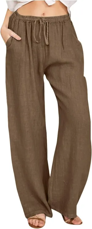 Linen Pants Women Casual High Waist Wide Leg Pants Lightweight Drawstring Palazzo Pants Lounge Pants with Pockets