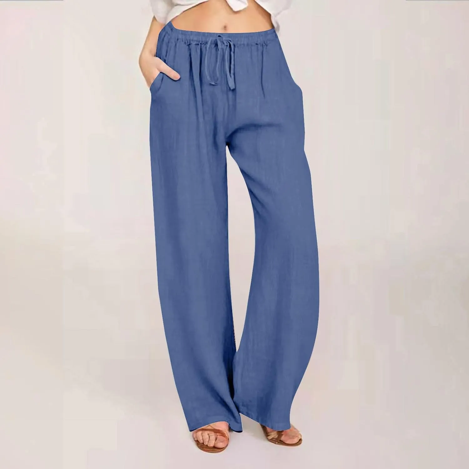 Linen Pants Women Casual High Waist Wide Leg Pants Lightweight Drawstring Palazzo Pants Lounge Pants with Pockets