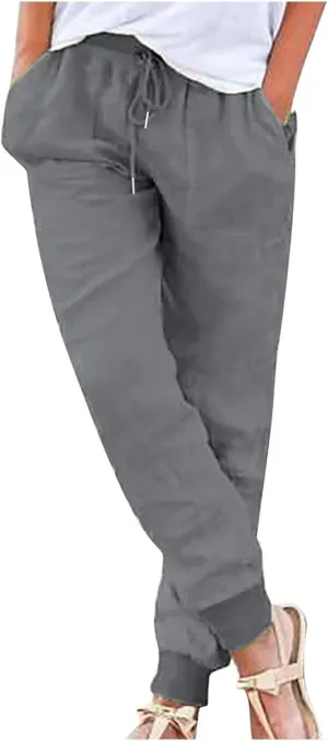 Linen Pants Women Summer Drawstring Elastic Waist Cotton Linen Tapered Leg Petite Pants Jogger Casual Palazzo Trousers