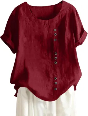 Linen Shirt Women,Short Sleeve 2024 Summer Blouses Round Neck Boho Blouse Button Down T Shirt Floral Print Top
